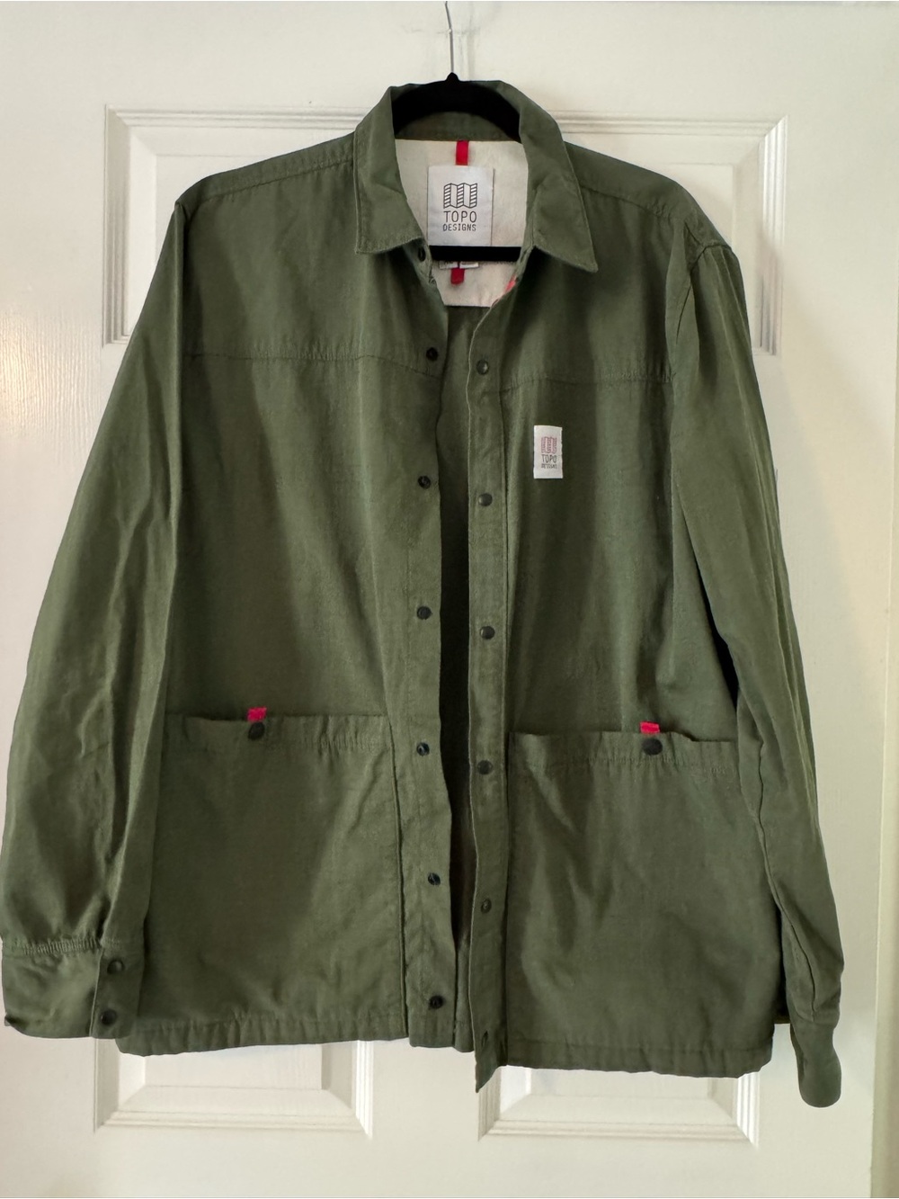 Topo Designs Olive Green Lightweight Utility Shirt Jacket with Red Trim